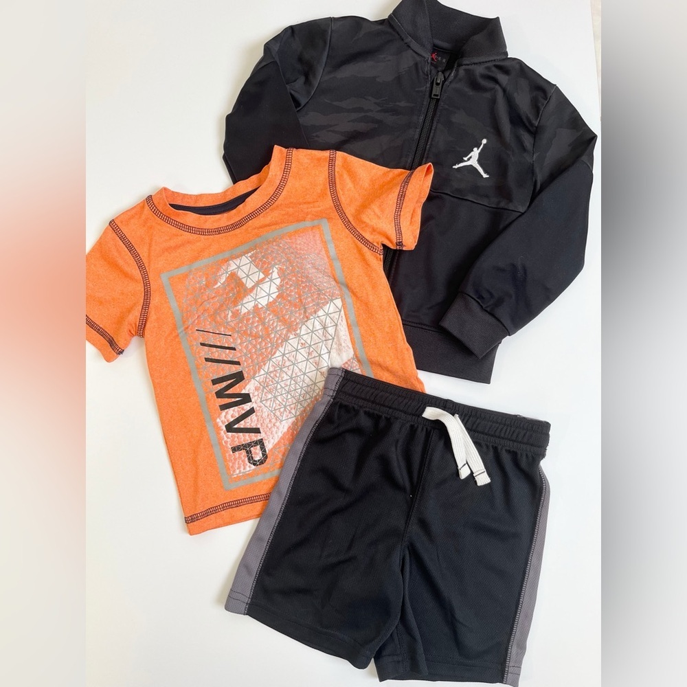Jordan Kids Zip Up Jacket with Active Orange Tee and Black Shorts